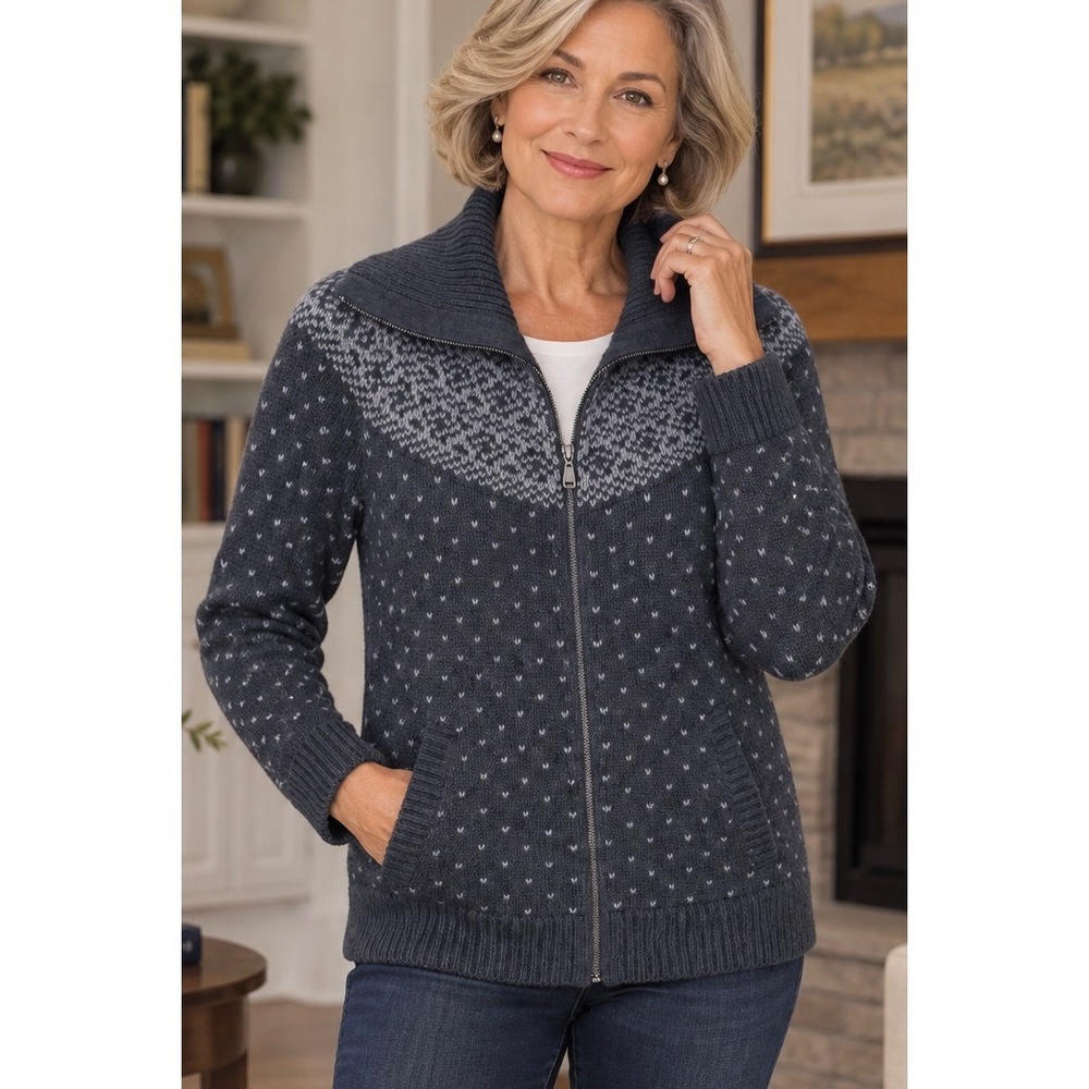 Talbots Grey Fair Isle Full Zip Cardigan Sweater Size MP Petite Wool Blend